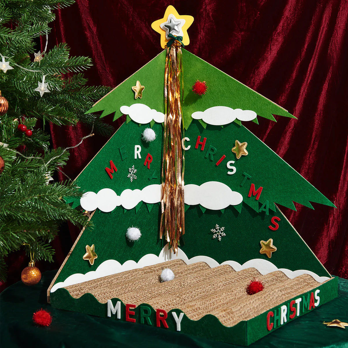 Christmas Tree 3D Corner Cat Scratcher with DIY Kit and Teaser Toy ...