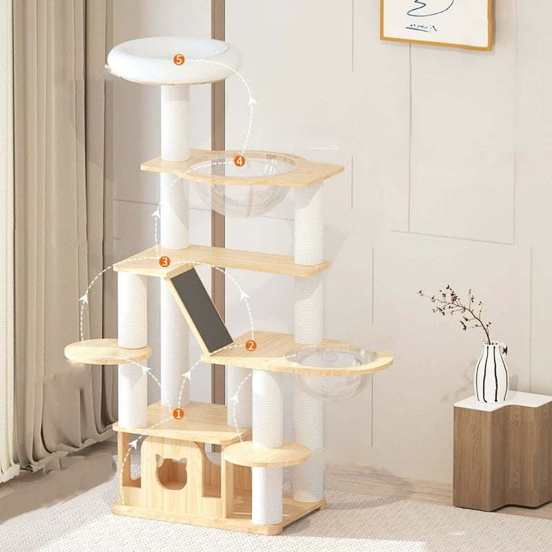 Rubber Wood Cat Tree with Acrylic Bubble Bed - 1.5M  Shortie Friends