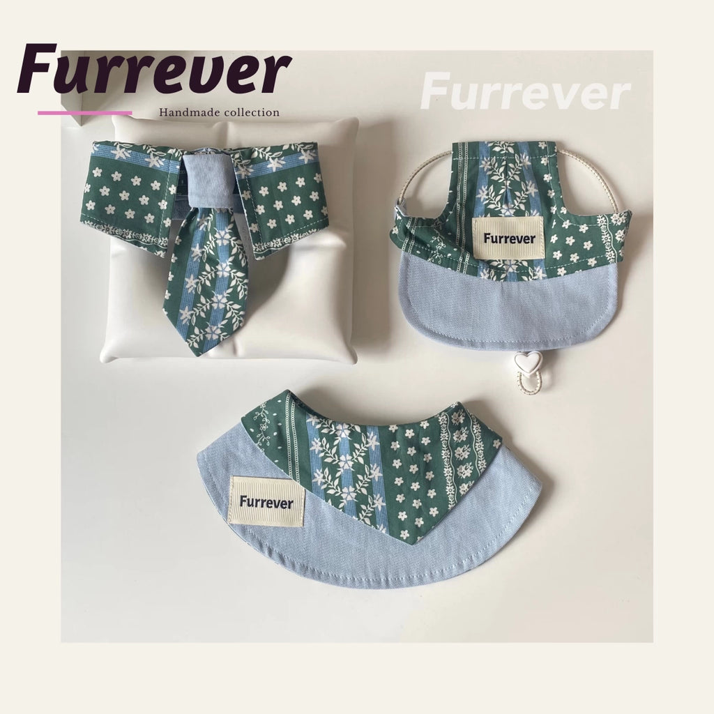 Furrever - Handmade Vintage Floral Green Pet Bib Bowtie & Hat | Shortie Friends